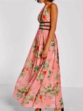 Express Pink Floral Chiffon Halter Cutout Waist Keyhole Maxi Dress Size Large